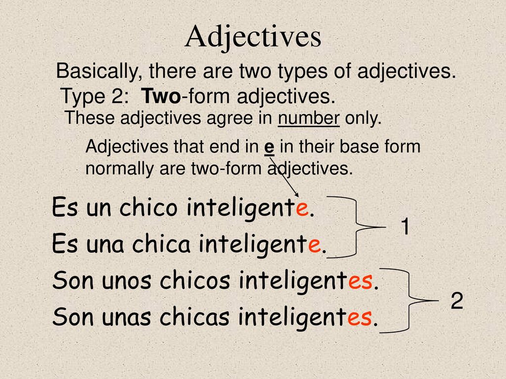 Adjectives Es un chico inteligente. Es una chica inteligente.