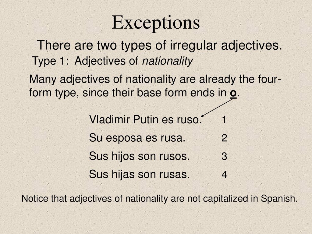 Exceptions There are two types of irregular adjectives.