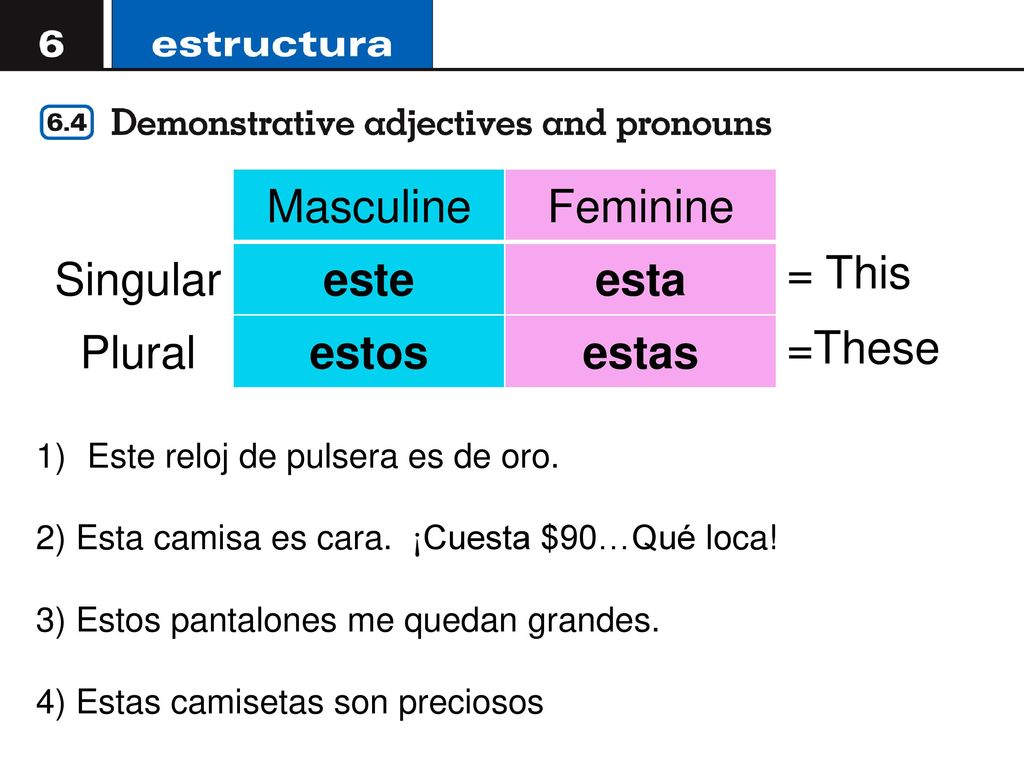 Masculine Feminine Singular este esta Plural estos estas = This =These