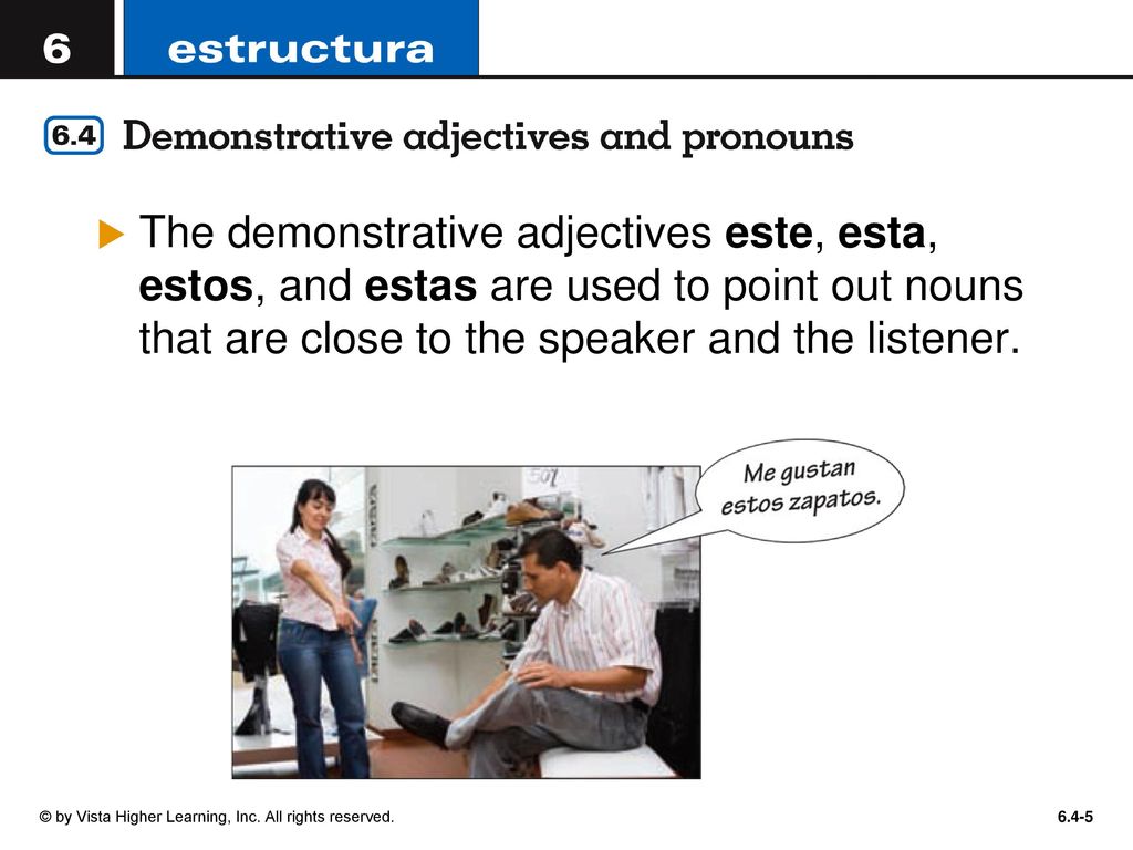 The demonstrative adjectives este, esta, estos, and estas are used to point out nouns that are close to the speaker and the listener.