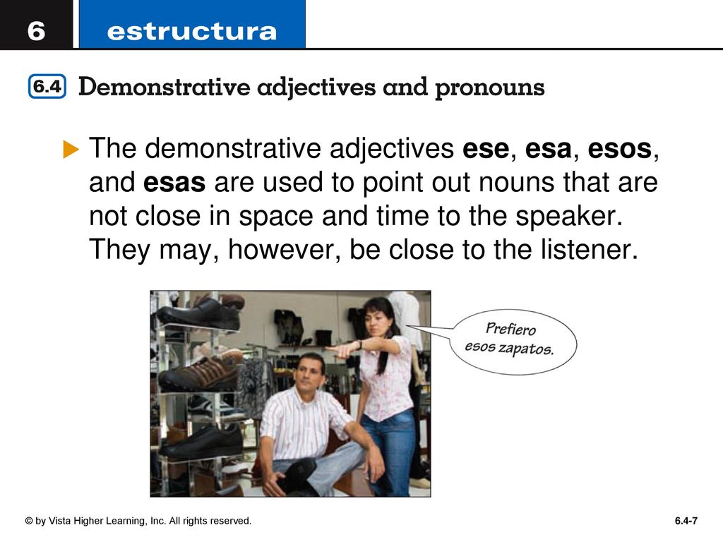 The demonstrative adjectives ese, esa, esos, and esas are used to point out nouns that are not close in space and time to the speaker. They may, however, be close to the listener.