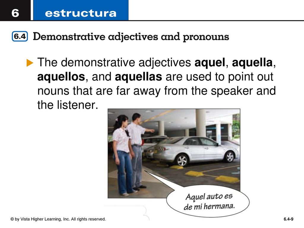The demonstrative adjectives aquel, aquella, aquellos, and aquellas are used to point out nouns that are far away from the speaker and the listener.