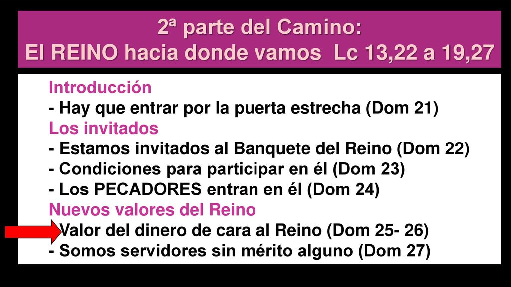 2ª parte del Camino: El REINO hacia donde vamos Lc 13,22 a 19,27