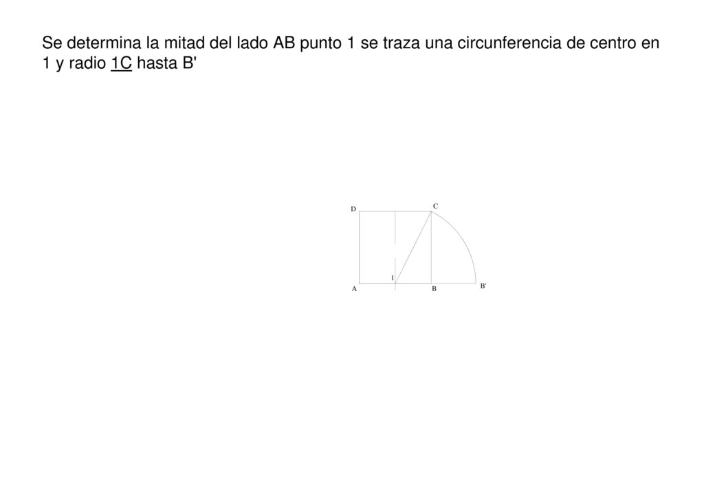 Se determina la mitad del lado AB punto 1 se traza una circunferencia de centro en 1 y radio 1C hasta B