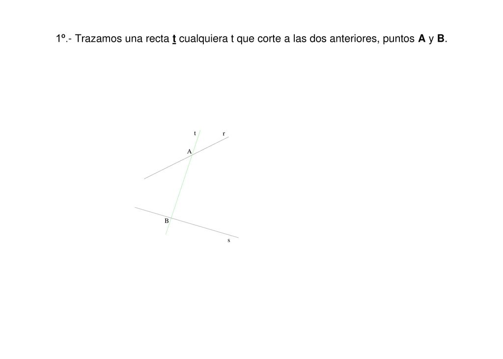 1º.- Trazamos una recta t cualquiera t que corte a las dos anteriores, puntos A y B.
