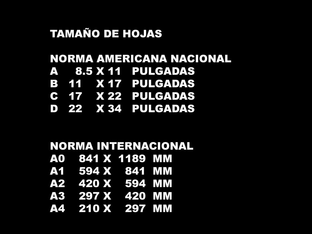 TAMAÑO DE HOJAS NORMA AMERICANA NACIONAL. A 8.5 X 11 PULGADAS. B 11 X 17 PULGADAS. C 17 X 22 PULGADAS.
