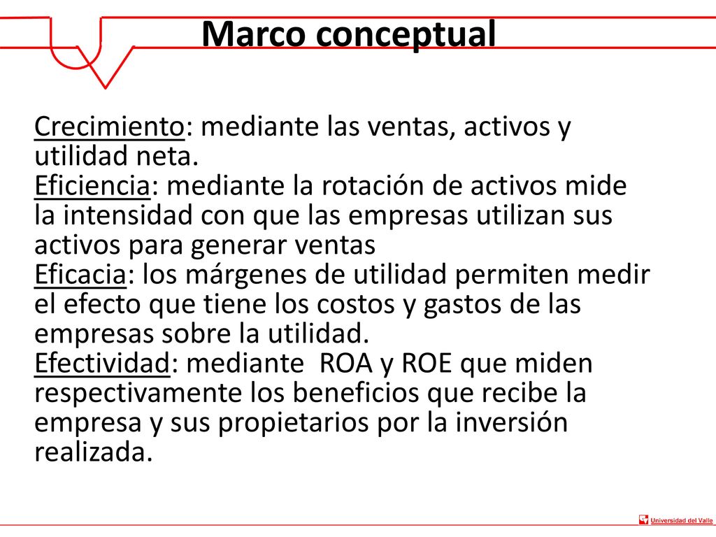 Marco conceptual Crecimiento: mediante las ventas, activos y utilidad neta.