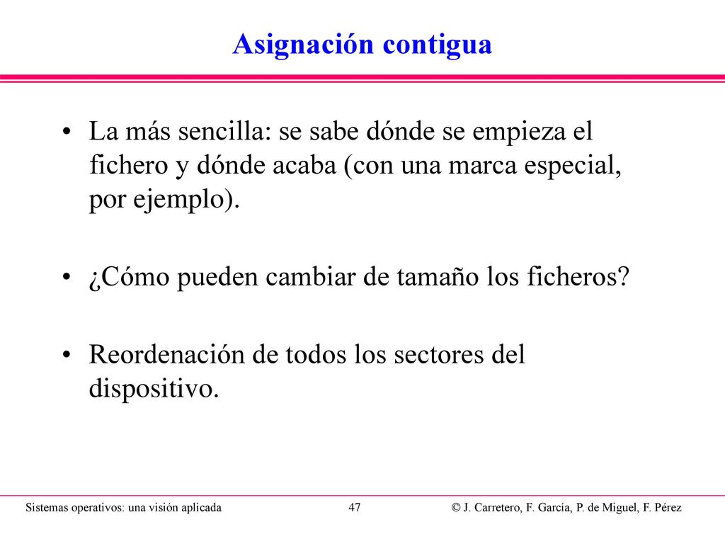 Asignación enlazada Cada sector apunta al siguiente: un fichero se define por su primer sector. Permite las variaciones de tamaño.