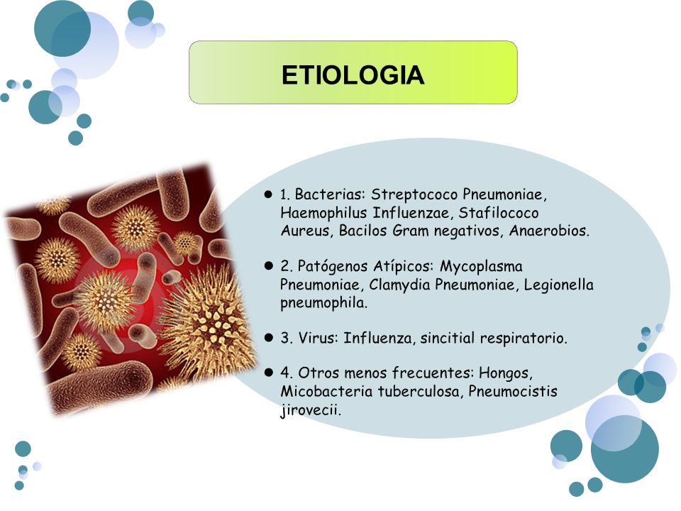 ETIOLOGIA 1. Bacterias: Streptococo Pneumoniae, Haemophilus Influenzae, Stafilococo Aureus, Bacilos Gram negativos, Anaerobios.