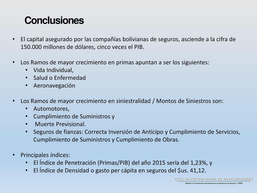 Conclusiones El capital asegurado por las compañías bolivianas de seguros, asciende a la cifra de millones de dólares, cinco veces el PIB.