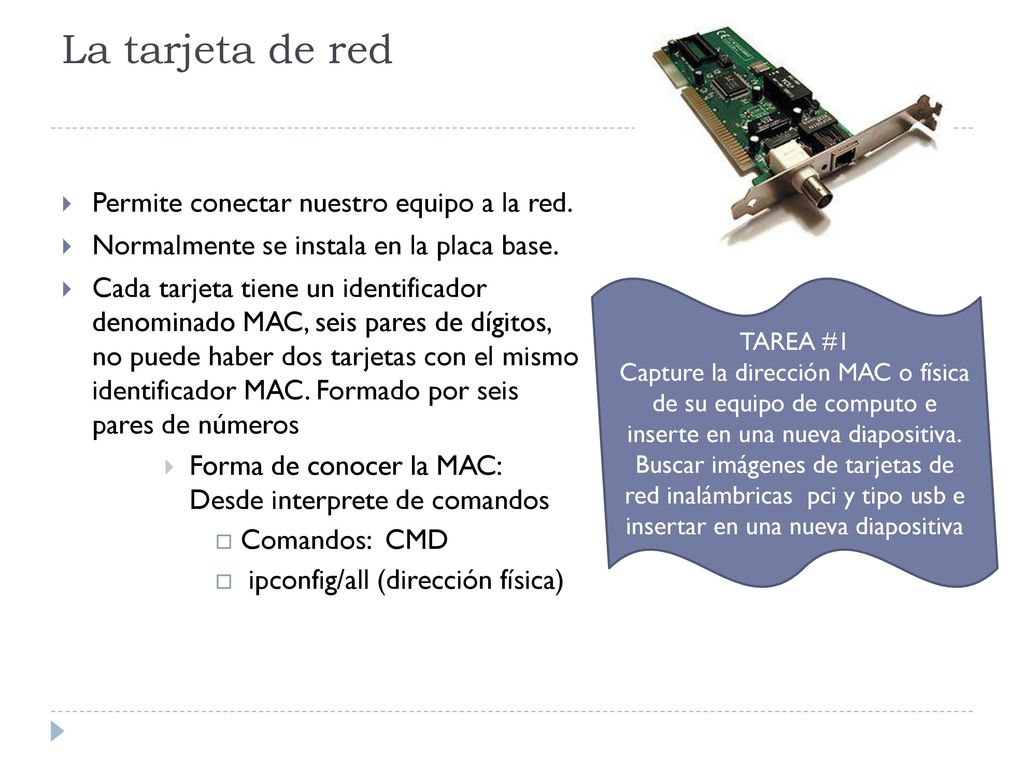 La tarjeta de red Permite conectar nuestro equipo a la red.