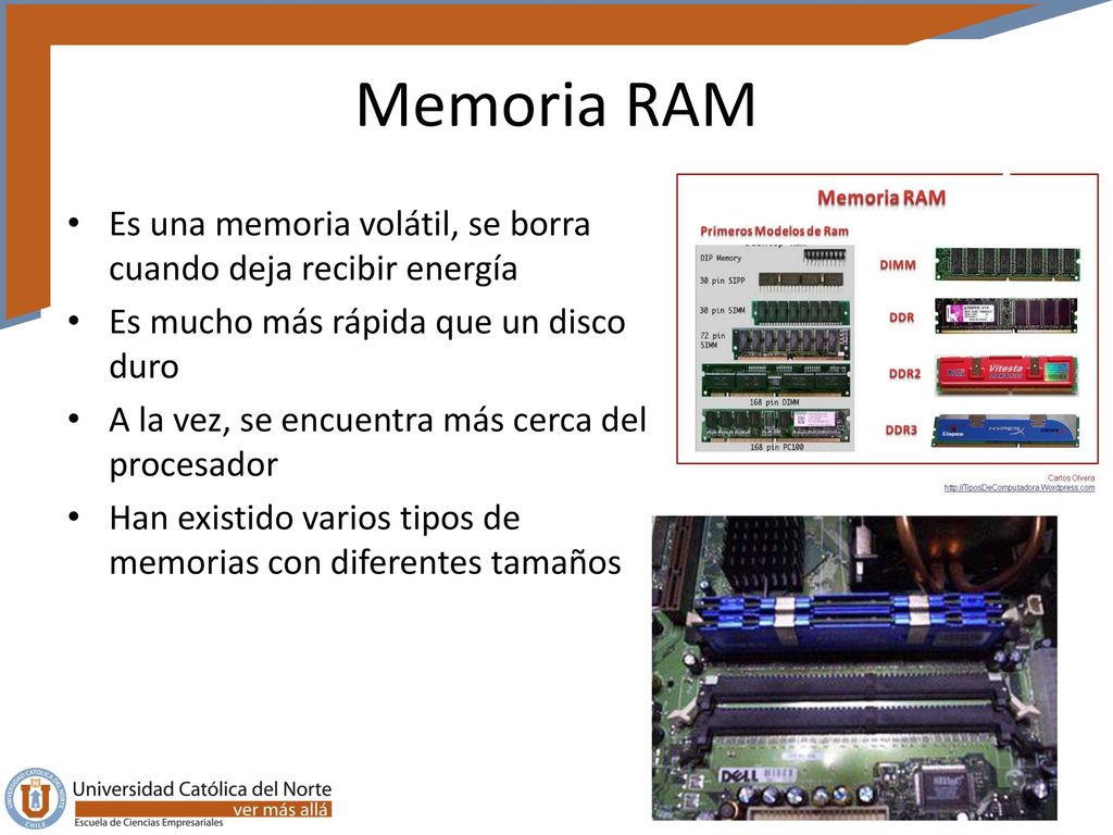Memoria RAM Es una memoria volátil, se borra cuando deja recibir energía. Es mucho más rápida que un disco duro.