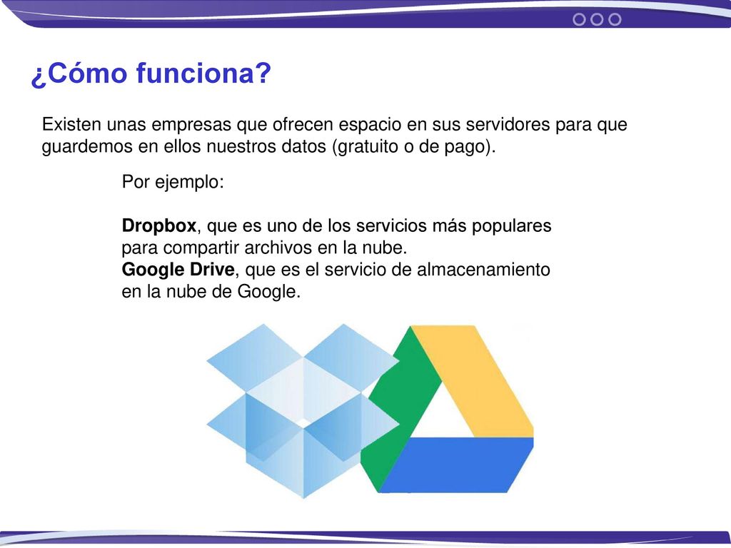 ¿Cómo funciona Existen unas empresas que ofrecen espacio en sus servidores para que guardemos en ellos nuestros datos (gratuito o de pago).