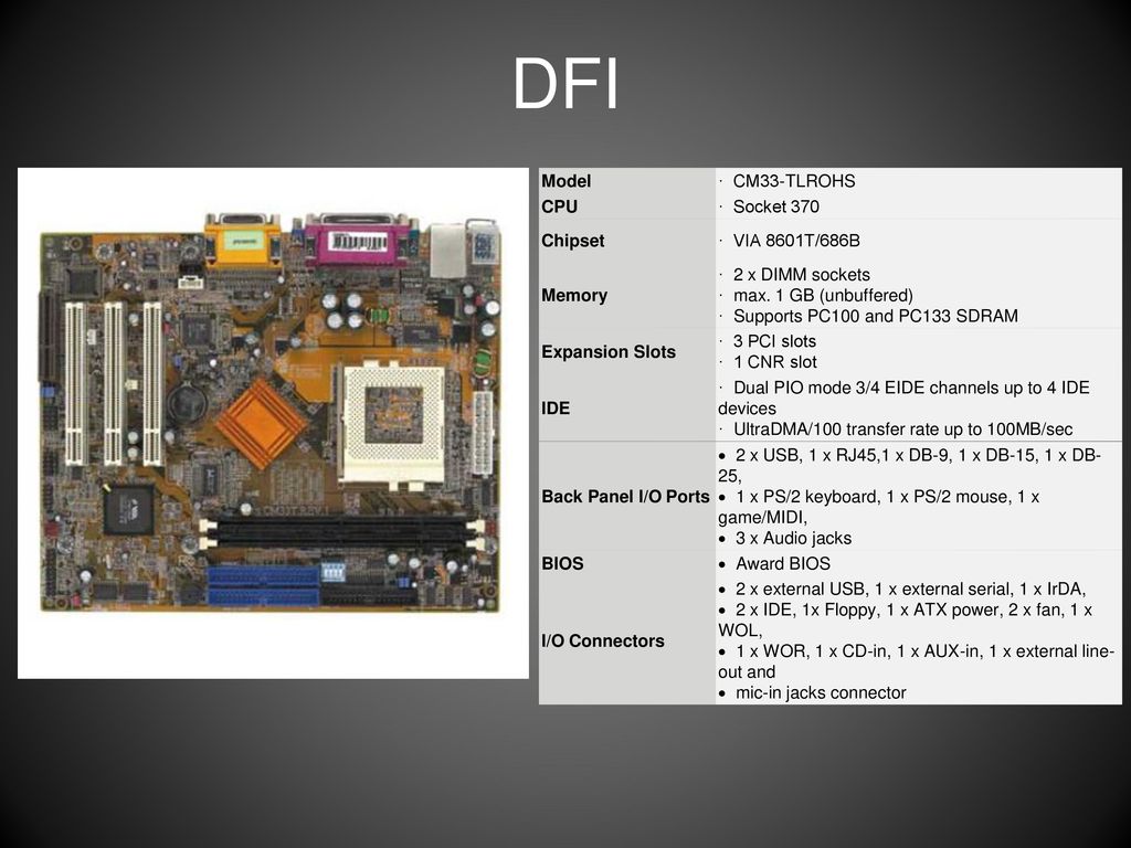 DFI Model · CM33-TLROHS CPU · Socket 370 Chipset · VIA 8601T/686B