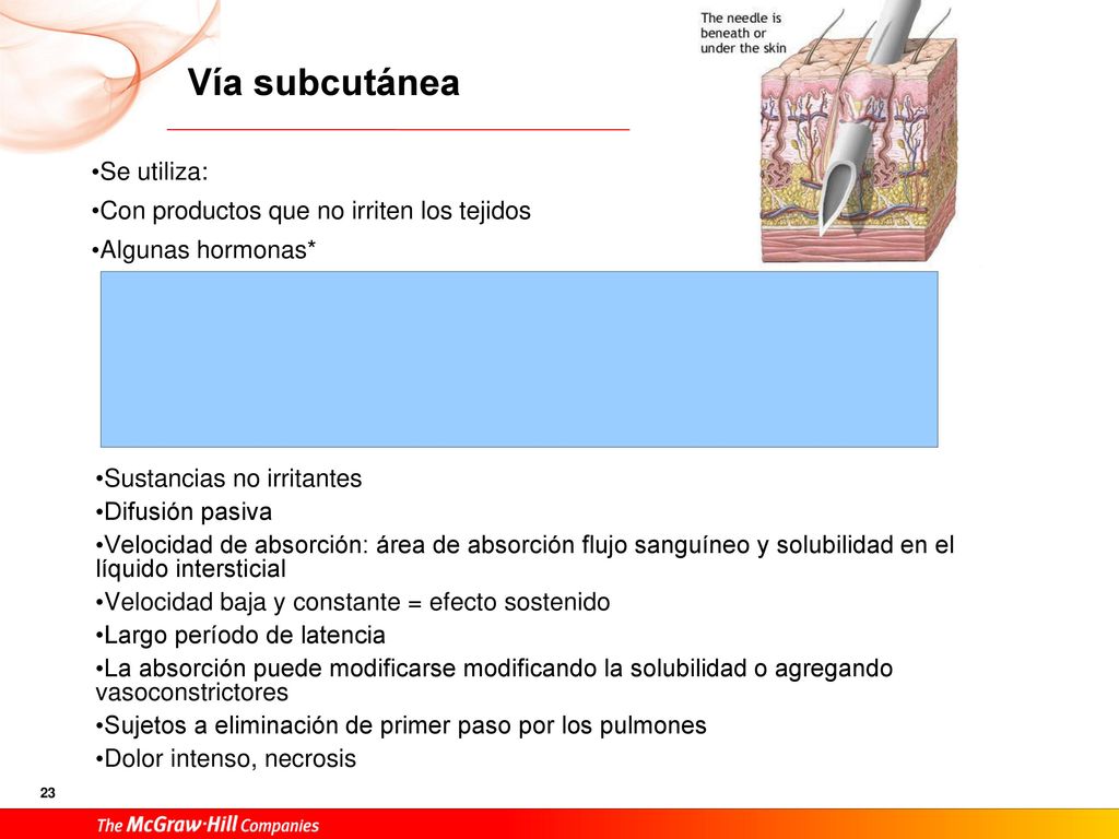Vía subcutánea Se utiliza: Con productos que no irriten los tejidos