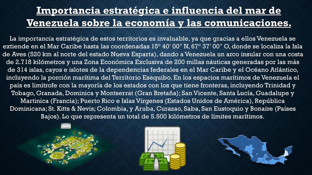 Importancia estratégica e influencia del mar de Venezuela sobre la economía y las comunicaciones.