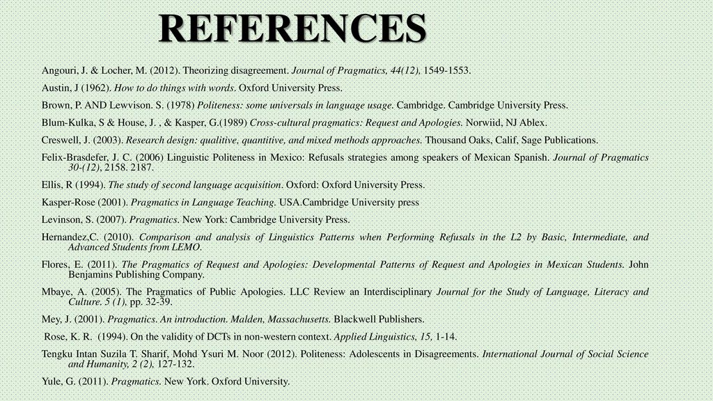 REFERENCES Angouri, J. & Locher, M. (2012). Theorizing disagreement. Journal of Pragmatics, 44(12),