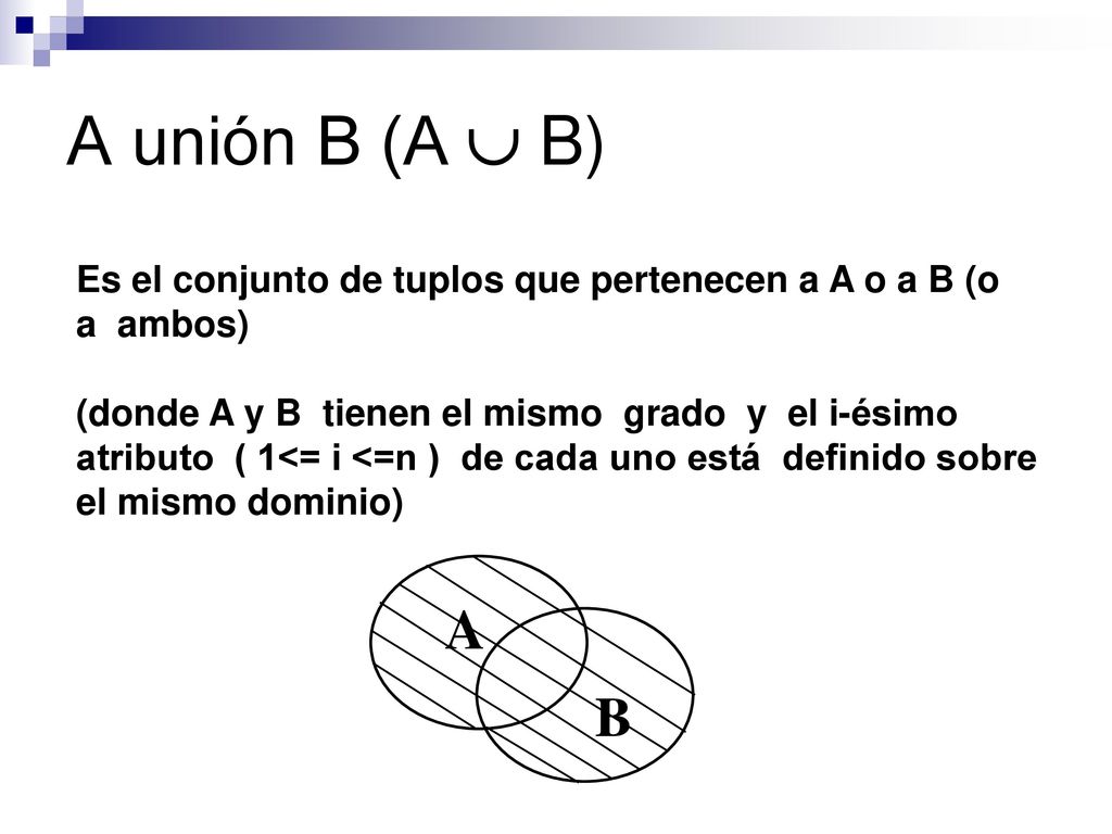 A unión B (A  B) Es el conjunto de tuplos que pertenecen a A o a B (o a ambos)