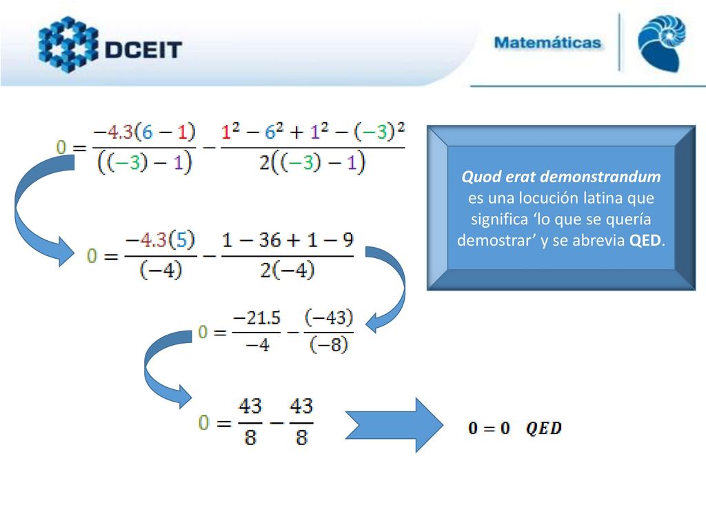 Quod erat demonstrandum es una locución latina que significa ‘lo que se quería demostrar’ y se abrevia QED.
