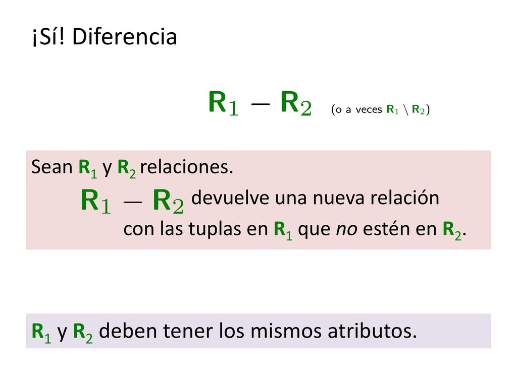 ¡Sí! Diferencia R1 y R2 deben tener los mismos atributos.
