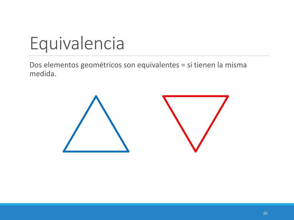 Equivalencia Dos elementos geométricos son equivalentes = si tienen la misma medida.