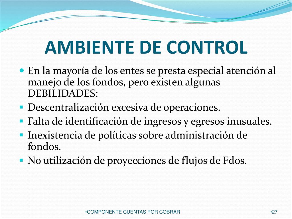 AMBIENTE DE CONTROL En la mayoría de los entes se presta especial atención al manejo de los fondos, pero existen algunas DEBILIDADES: