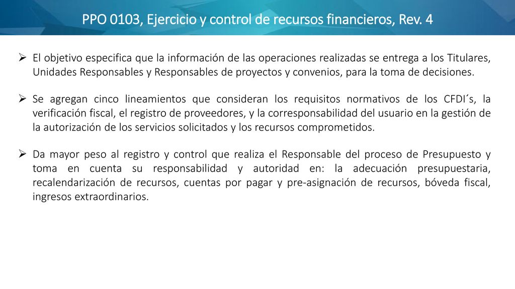 PPO 0103, Ejercicio y control de recursos financieros, Rev. 4