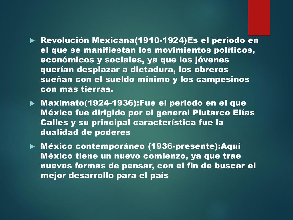 Revolución Mexicana( )Es el periodo en el que se manifiestan los movimientos políticos, económicos y sociales, ya que los jóvenes querían desplazar a dictadura, los obreros sueñan con el sueldo mínimo y los campesinos con mas tierras.