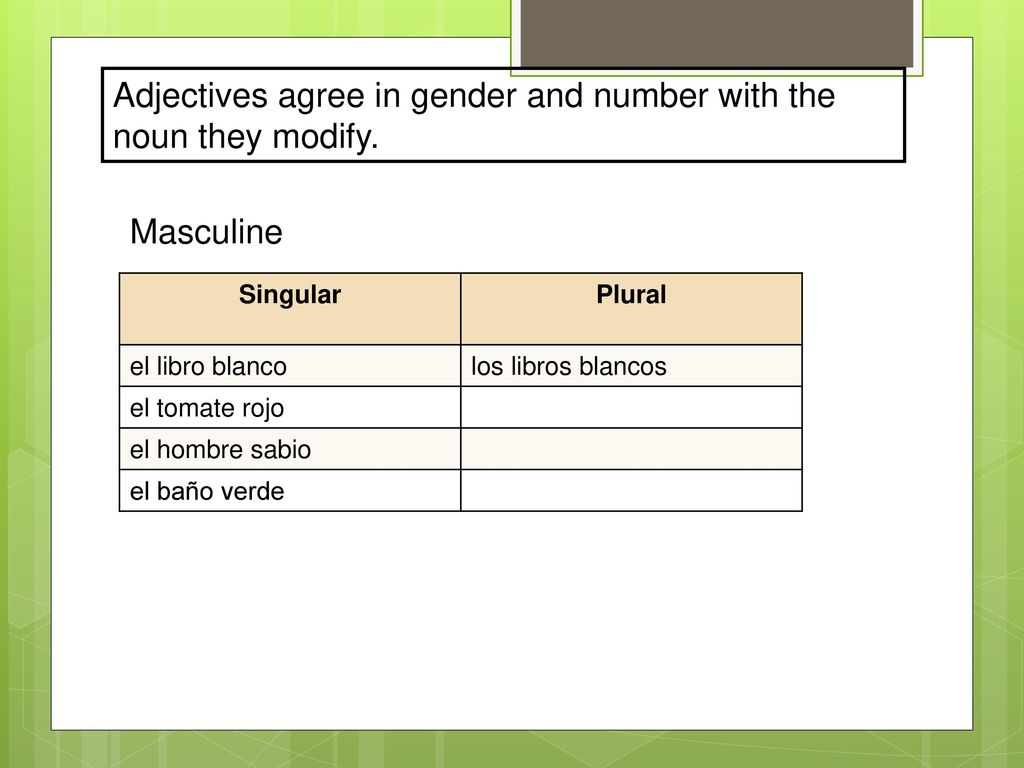 Adjectives agree in gender and number with the noun they modify.