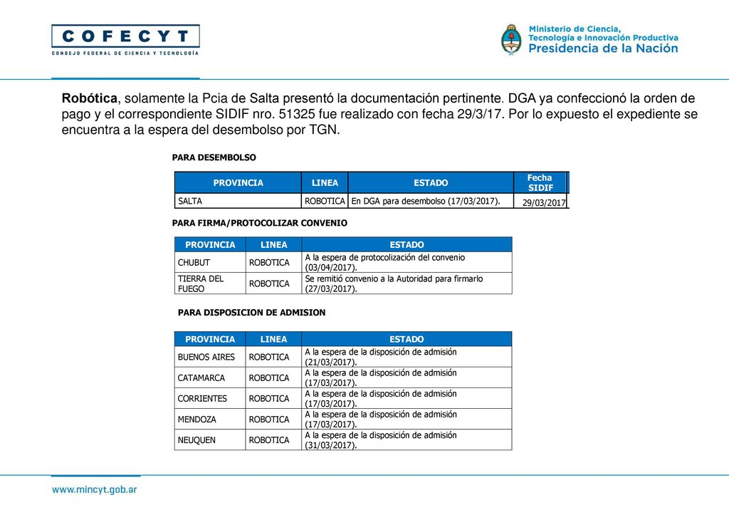 Robótica, solamente la Pcia de Salta presentó la documentación pertinente.