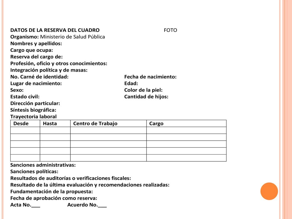 Modelo de datos generales de la reserva que conforma parte del expediente.