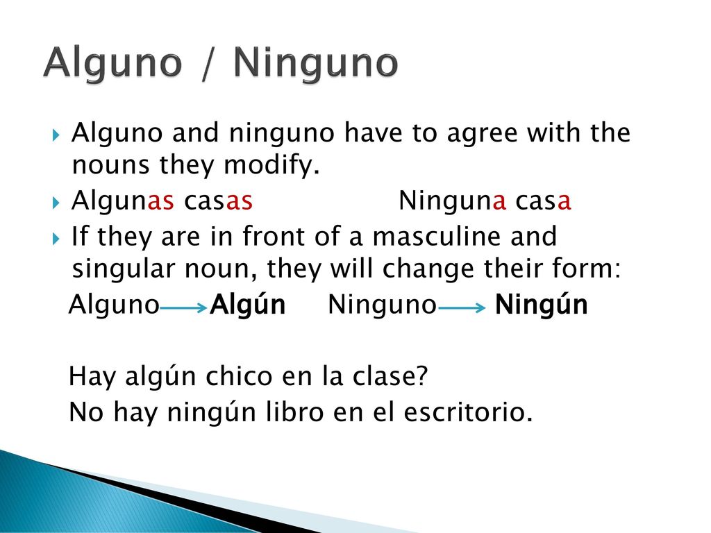 Alguno / Ninguno Alguno and ninguno have to agree with the nouns they modify. Algunas casas Ninguna casa.