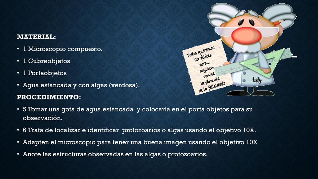 MATERIAL: 1 Microscopio compuesto. 1 Cubreobjetos. 1 Portaobjetos. Agua estancada y con algas (verdosa).