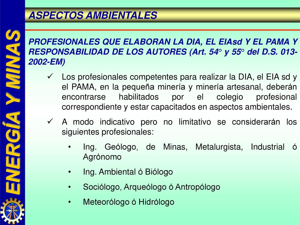 ASPECTOS AMBIENTALES PROFESIONALES QUE ELABORAN LA DIA, EL EIAsd Y EL PAMA Y RESPONSABILIDAD DE LOS AUTORES (Art. 54° y 55° del D.S EM)