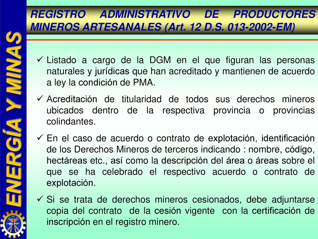 REGISTRO ADMINISTRATIVO DE PRODUCTORES MINEROS ARTESANALES (Art. 12 D