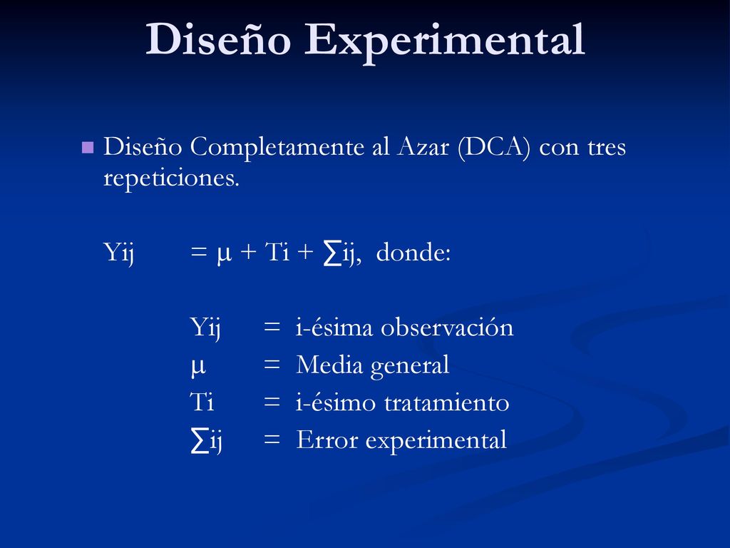 Diseño Experimental Diseño Completamente al Azar (DCA) con tres repeticiones. Yij =  + Ti + ∑ij, donde: