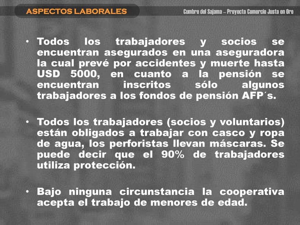 ASPECTOS LABORALES Cumbre del Sajama – Proyecto Comercio Justo en Oro.