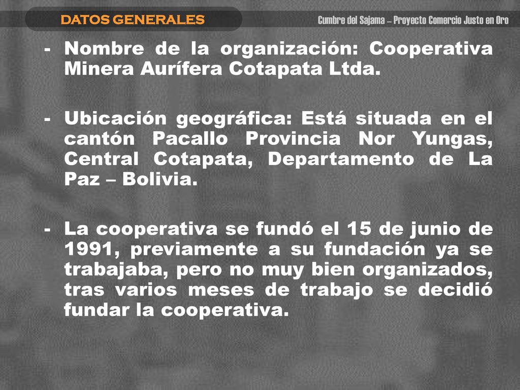 Nombre de la organización: Cooperativa Minera Aurífera Cotapata Ltda.