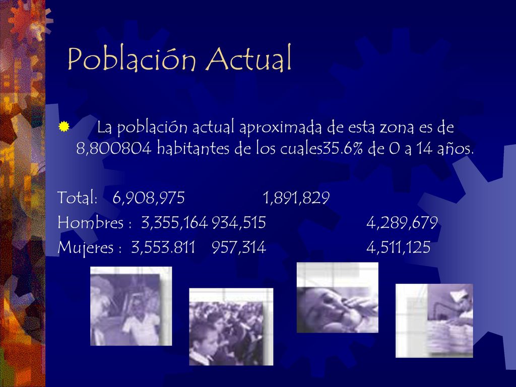 Población Actual La población actual aproximada de esta zona es de 8, habitantes de los cuales35.6% de 0 a 14 años.
