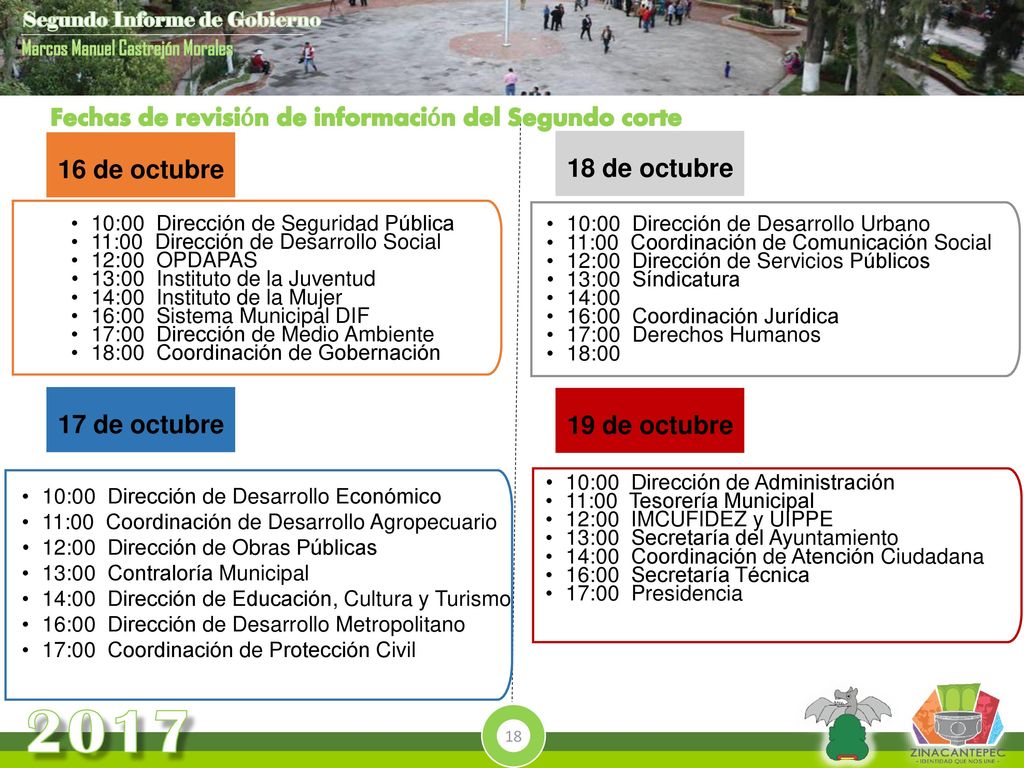 2017 Fechas de revisión de información del Segundo corte 16 de octubre