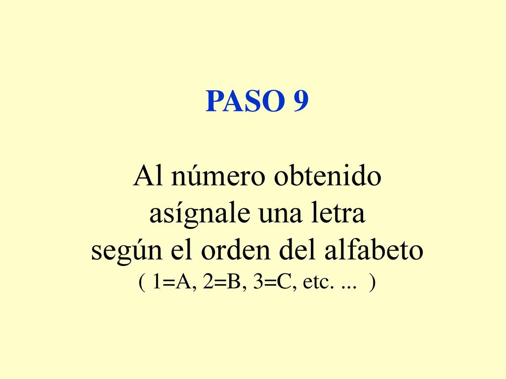 PASO 9 Al número obtenido asígnale una letra según el orden del alfabeto ( 1=A, 2=B, 3=C, etc. ... )