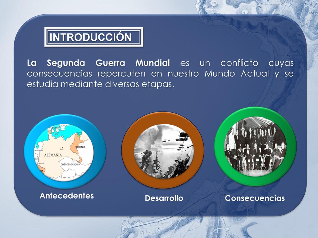 La Segunda Guerra Mundial es un conflicto cuyas consecuencias repercuten en nuestro Mundo Actual y se estudia mediante diversas etapas.