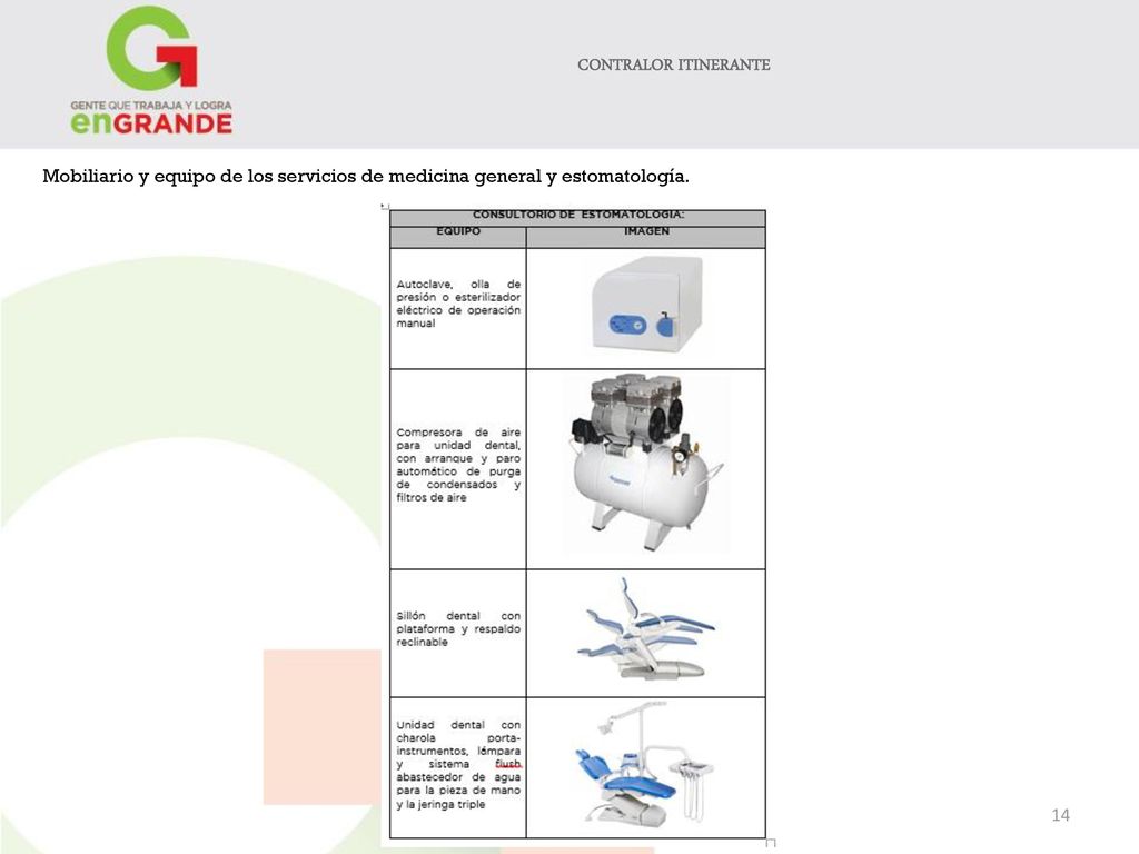 CONTRALOR ITINERANTE Mobiliario y equipo de los servicios de medicina general y estomatología.