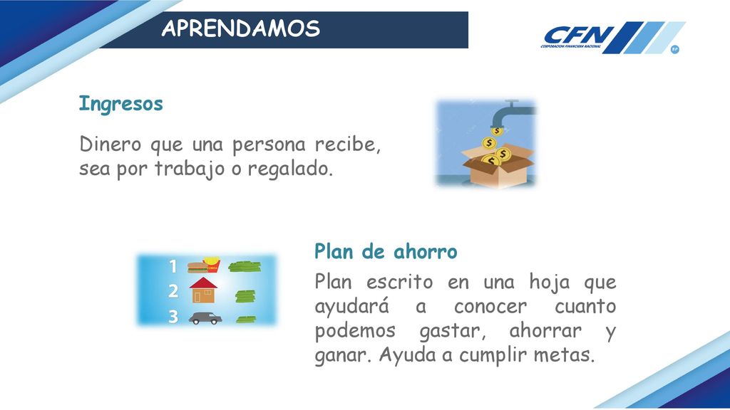 APRENDAMOS Ingresos. Dinero que una persona recibe, sea por trabajo o regalado. Plan de ahorro.