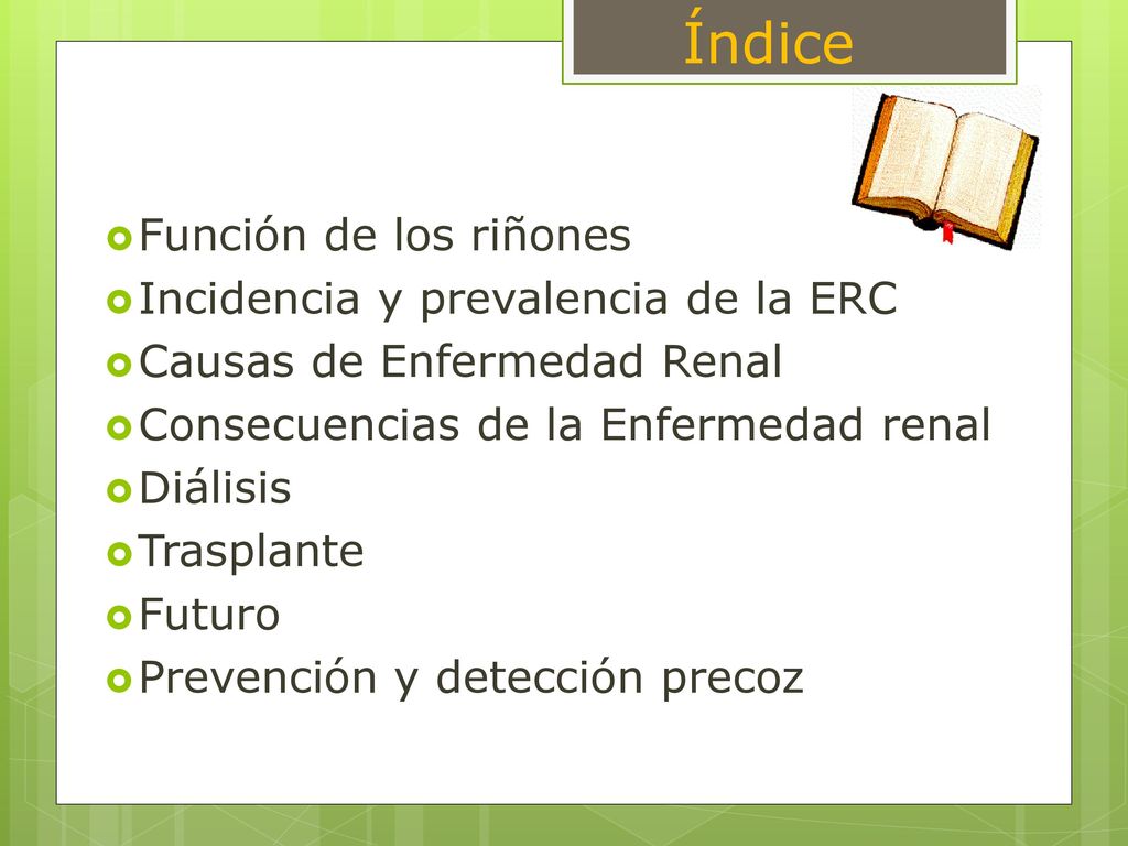 Índice Función de los riñones Incidencia y prevalencia de la ERC