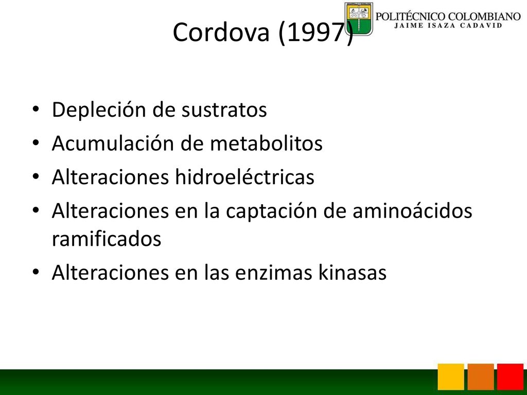 Cordova (1997) Depleción de sustratos Acumulación de metabolitos