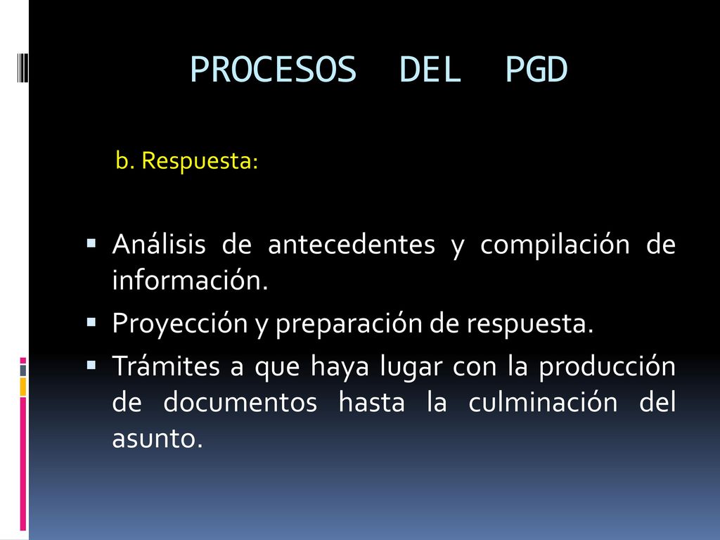 PROCESOS DEL PGD b. Respuesta: Análisis de antecedentes y compilación de información. Proyección y preparación de respuesta.