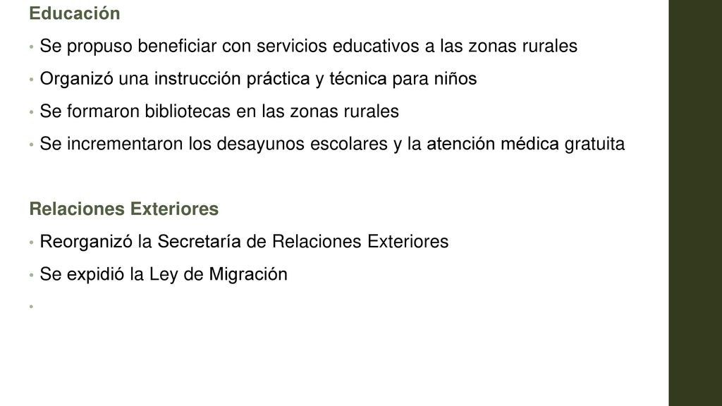 Educación Se propuso beneficiar con servicios educativos a las zonas rurales. Organizó una instrucción práctica y técnica para niños.
