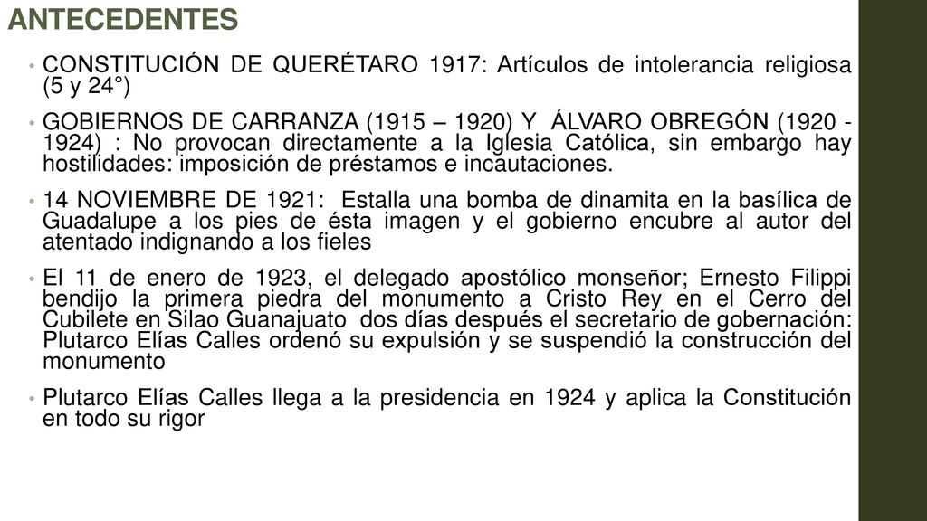 ANTECEDENTES CONSTITUCIÓN DE QUERÉTARO 1917: Artículos de intolerancia religiosa (5 y 24°)