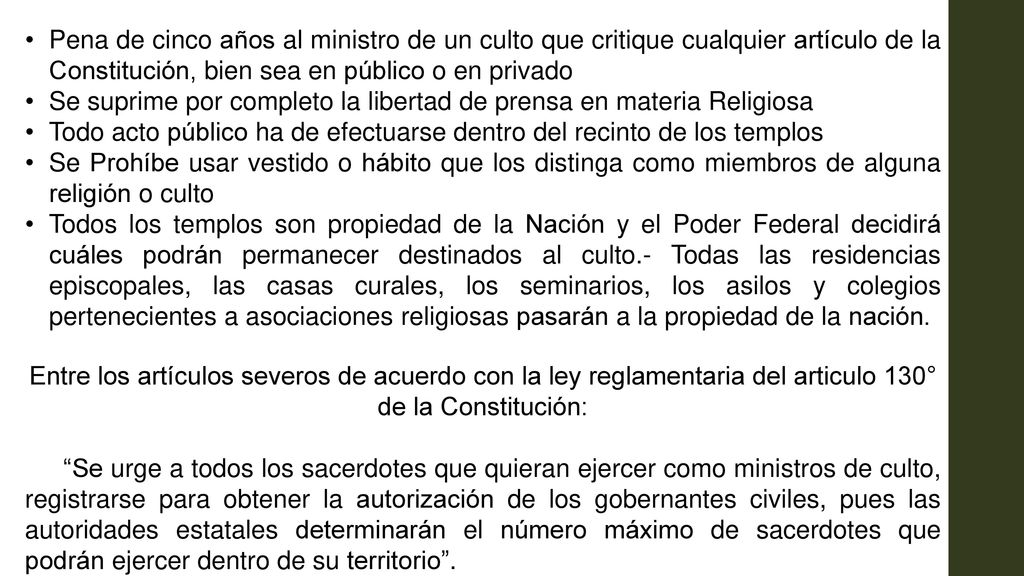 Pena de cinco años al ministro de un culto que critique cualquier artículo de la Constitución, bien sea en público o en privado